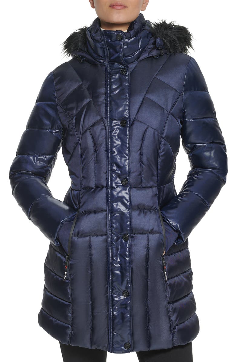 GUESS Faux Fur Trim Hooded Puffer Coat, Main, color,