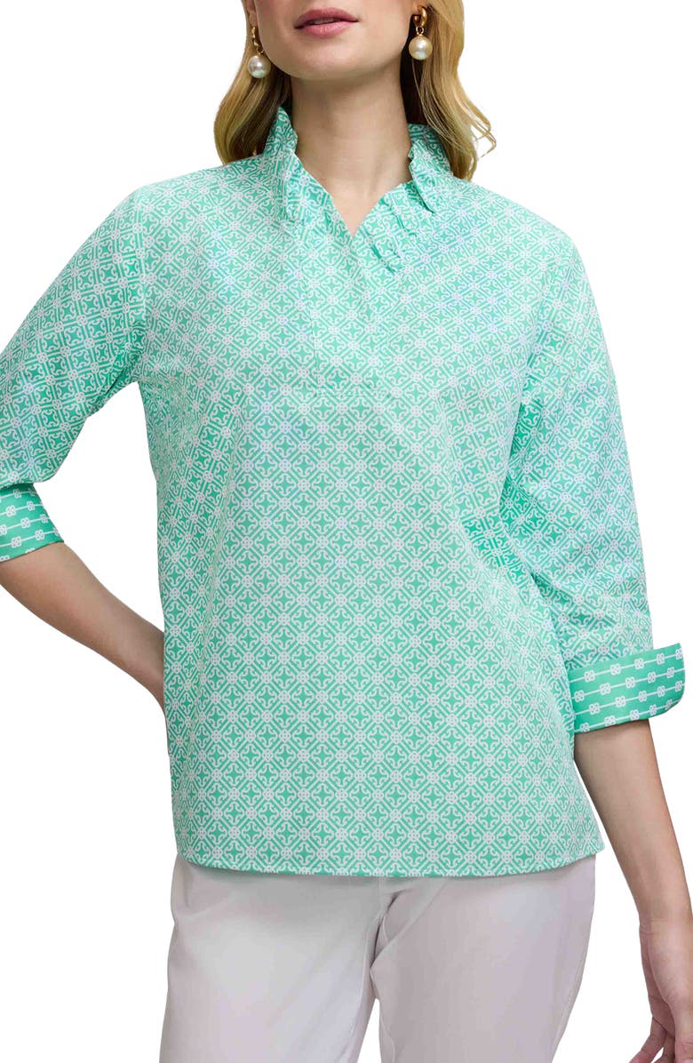 Foxcroft Tammy Geo Lattice Print Ruffle Collar Top, Main, color, Green/ White
