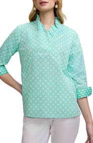 Foxcroft Tammy Geo Lattice Print Ruffle Collar Top