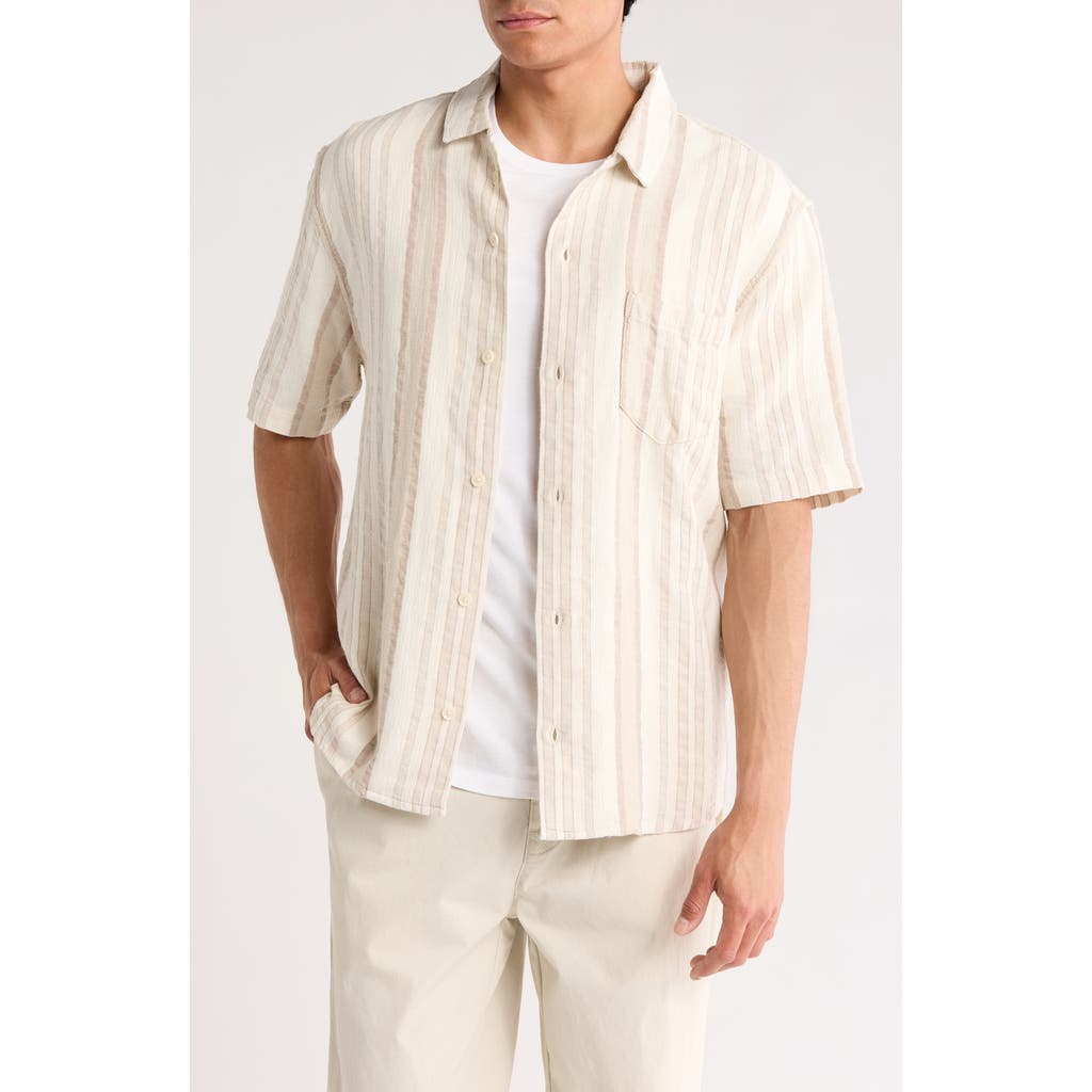 Corridor Bari Stripe Linen & Cotton Camp Shirt In Brown