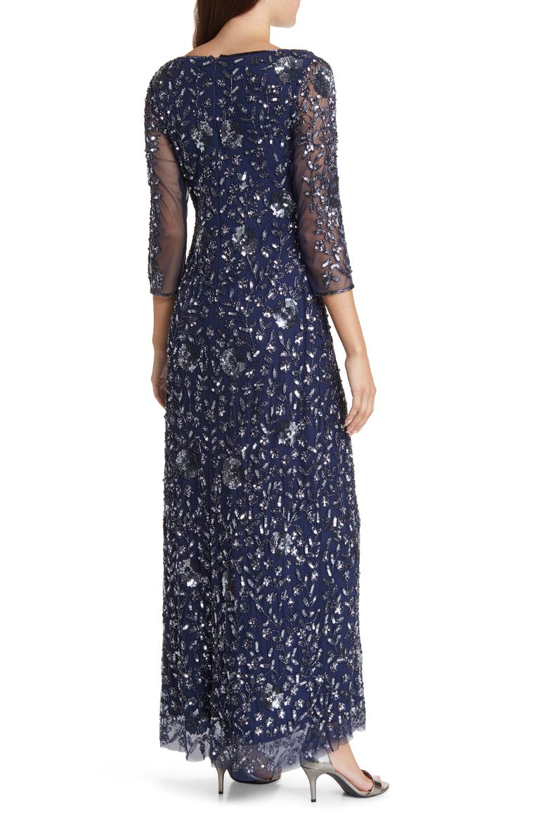 Beaded V-Neck Sheer Sleeve Cocktail Dress, Alternate, color, NAVY/ GUNMETAL 421