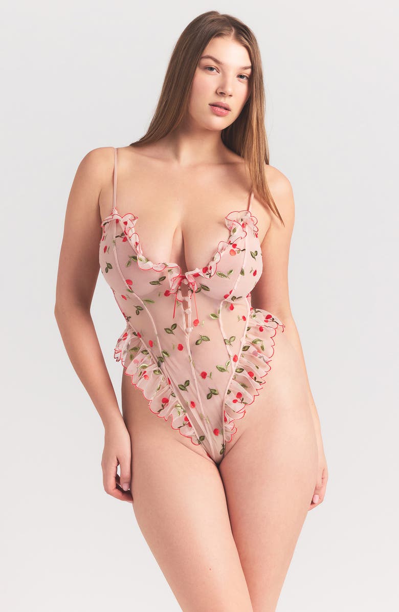 SKIMS Embroidered Tulle Garter Teddy, Alternate, color, Primrose Cherry Tulle