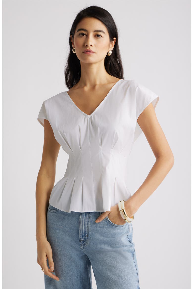 Pleated V-Neck Poplin Top, Main, color, WHITE