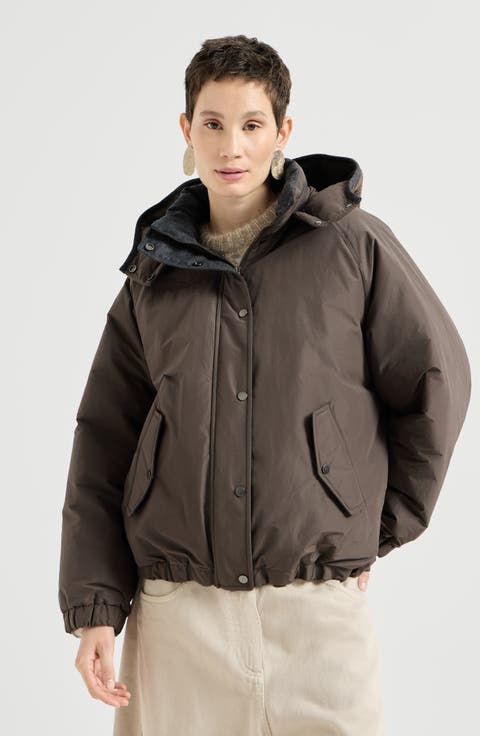 Techno cotton taffeta outerwear jacket with detachable knit hood and shiny zipper pull