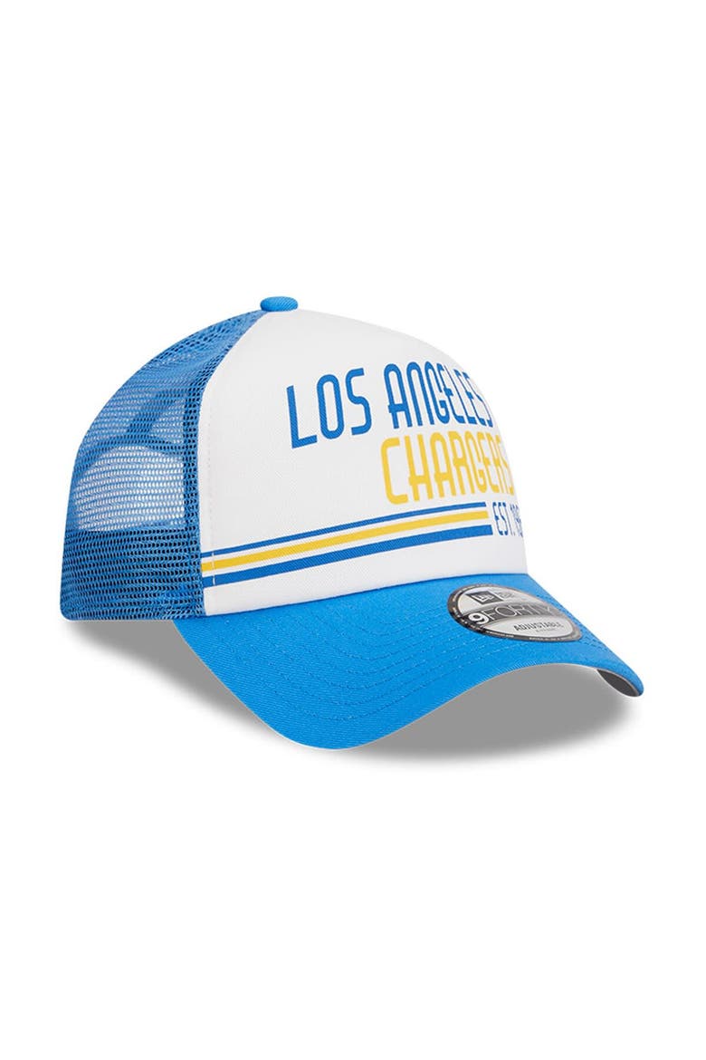 Men's New Era White/Powder Blue Los Angeles Chargers Stacked A-Frame Trucker 9FORTY Adjustable Hat, Alternate, color, White
