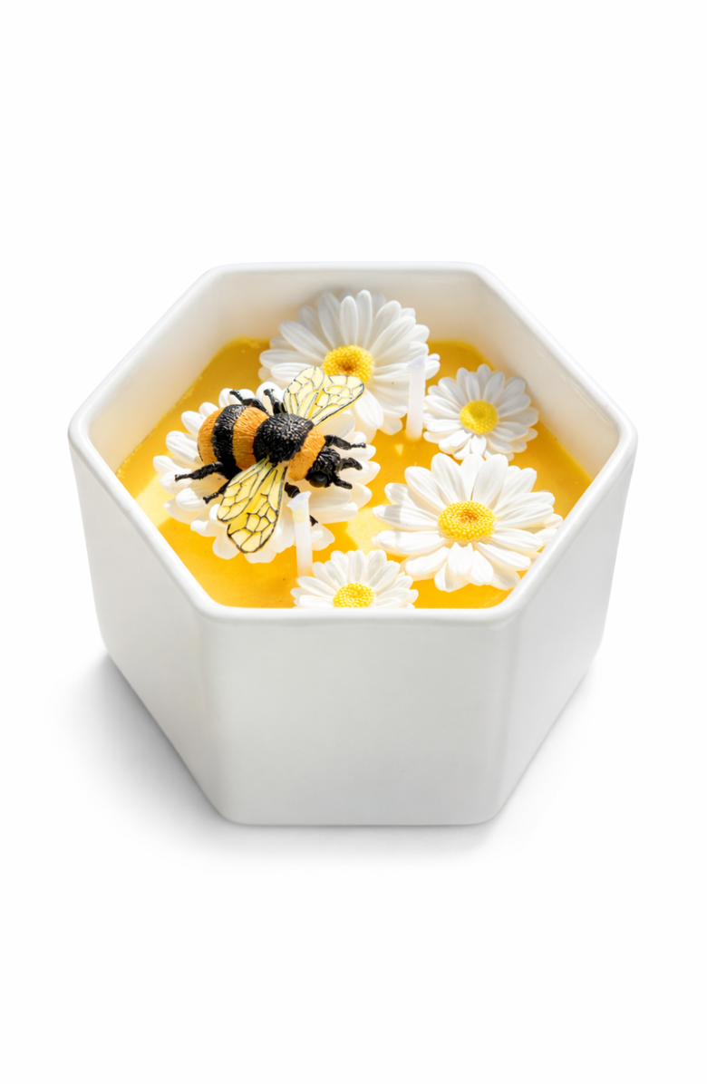 Southlake gifts Daisy Beehive Candle Bowl, Main, color, Yellow Wax / White Bowl