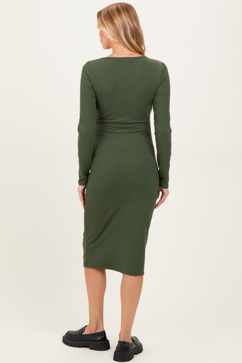 Ribbed Long Sleeve Square Neck Tie Belt Midi Dress, Alternate, color, Olive Green