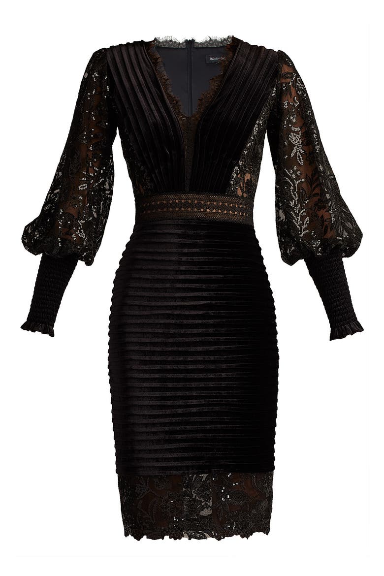 Pleated Long Sleeve Velvet Cocktail Dress, Alternate, color, BLACK