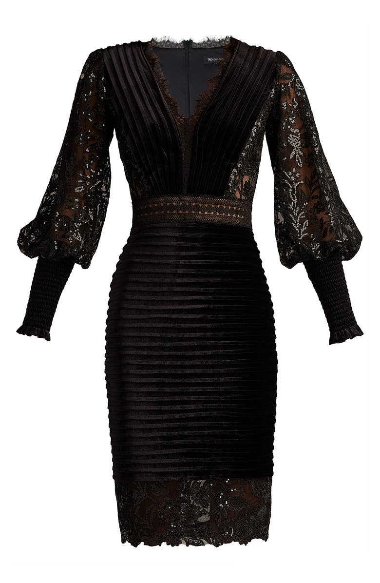 Tadashi Shoji Pleated Long Sleeve Velvet Cocktail Dress, Alternate, color, Black