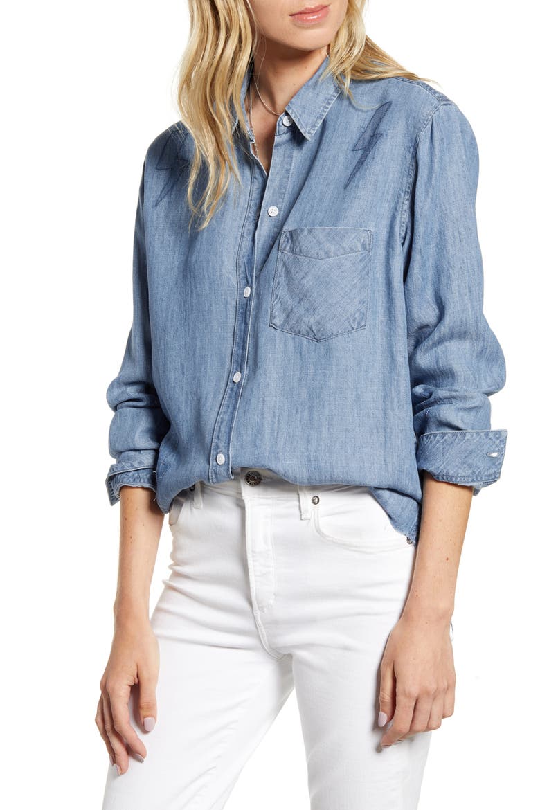 Ingrid Raw Hem Chambray Shirt, Main, color, MEDIUM VINTAGE LIGHTNING BOLTS