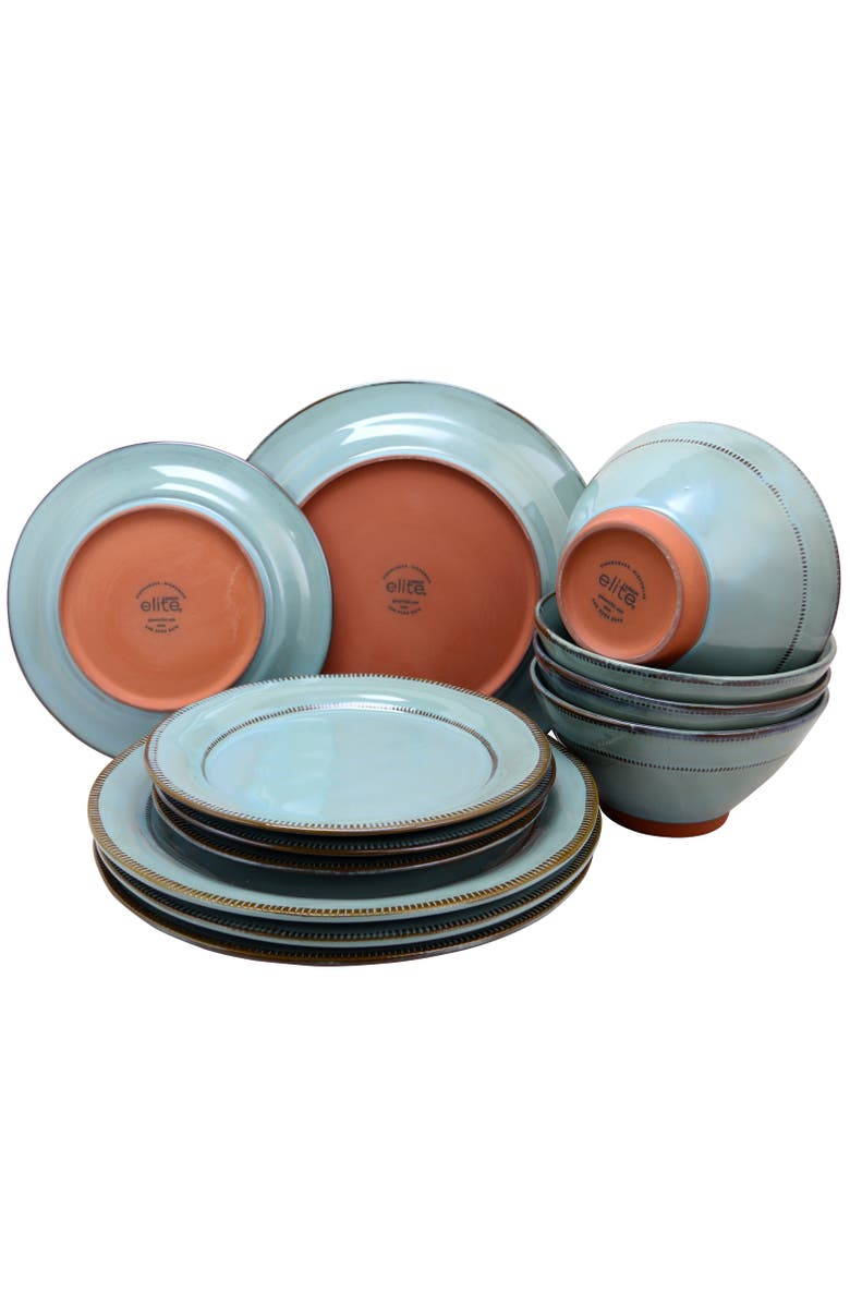 Gibson Elite Terranea 12 Piece Round Terracotta Dinnerware Set, Alternate, color, Blue