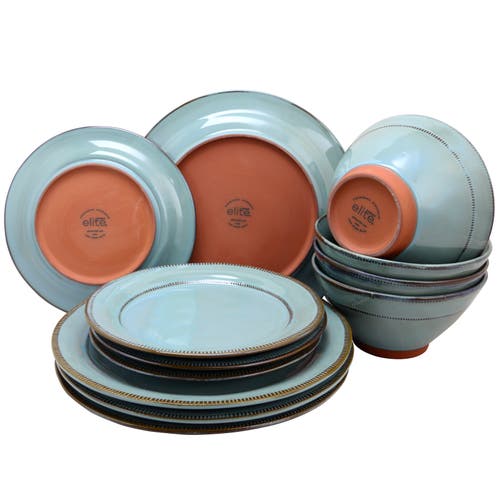 Gibson Elite Terranea 12 Piece Round Terracotta Dinnerware Set In Blue