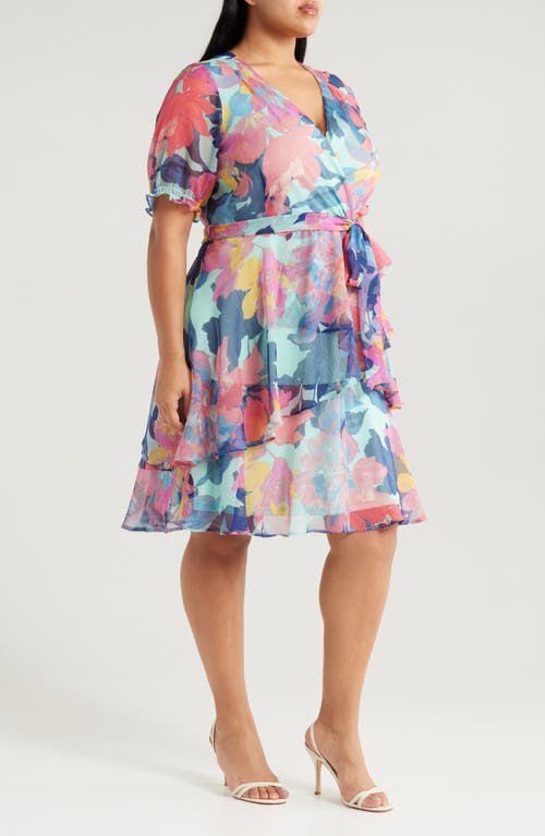 Tahari Asl Floral Shadow Stripe Short Sleeve Faux Wrap Dress In Seafoam Multi