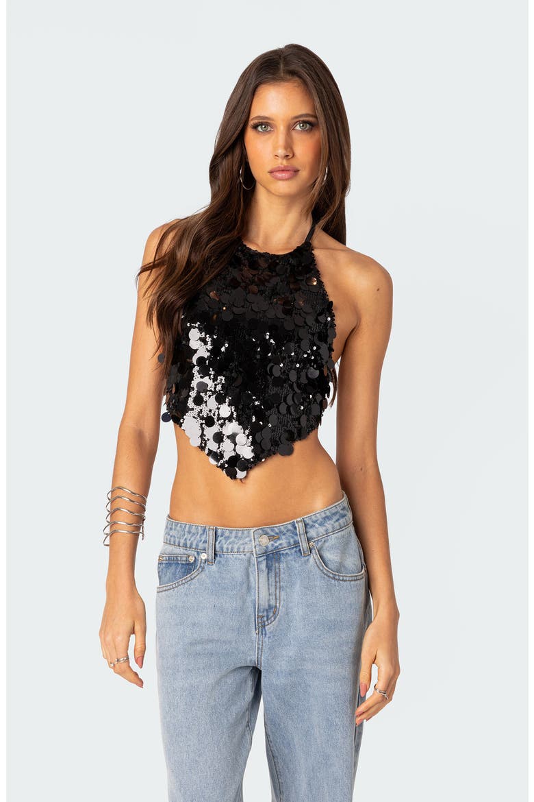 Caelia Sequin Halter Crop Top, Alternate, color, BLACK