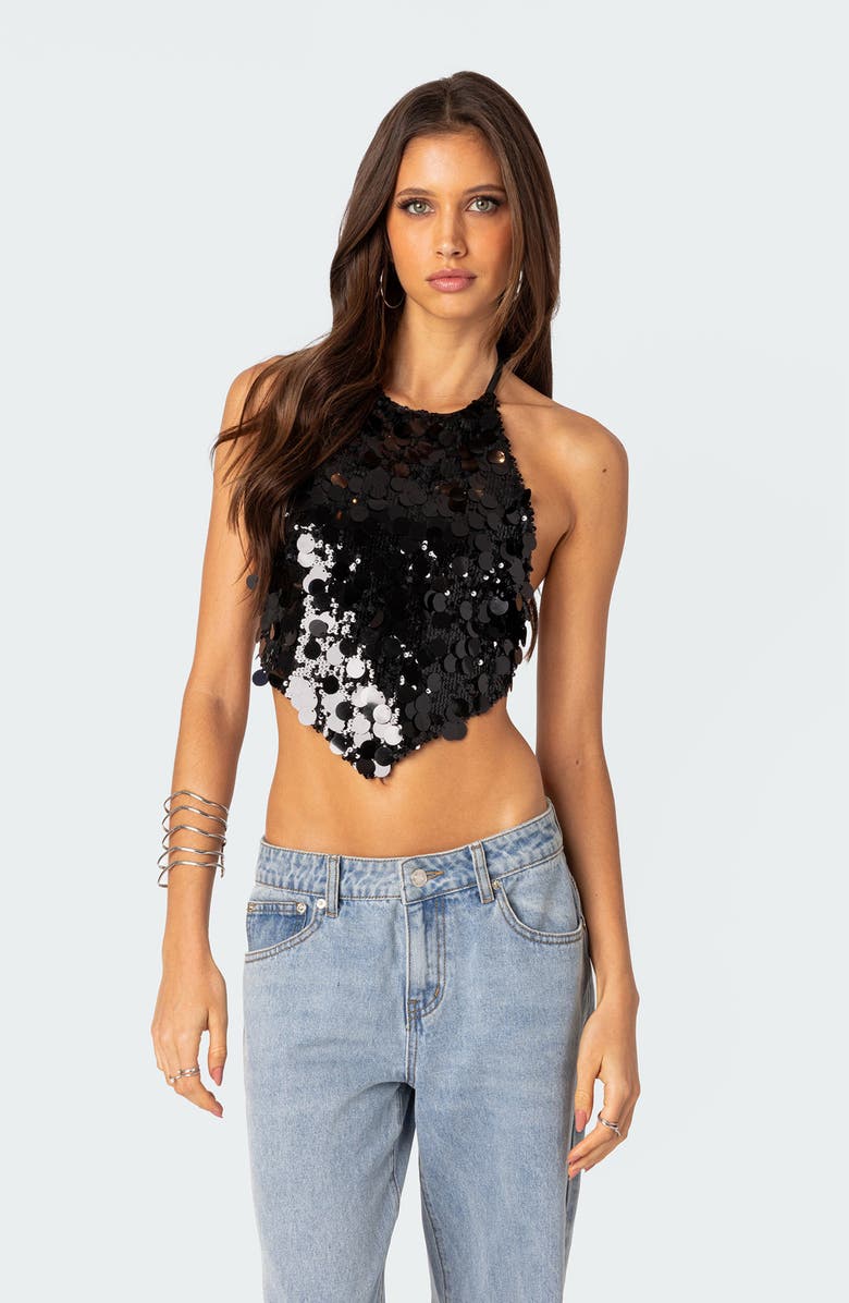 EDIKTED Caelia Sequin Halter Crop Top, Alternate, color, Black