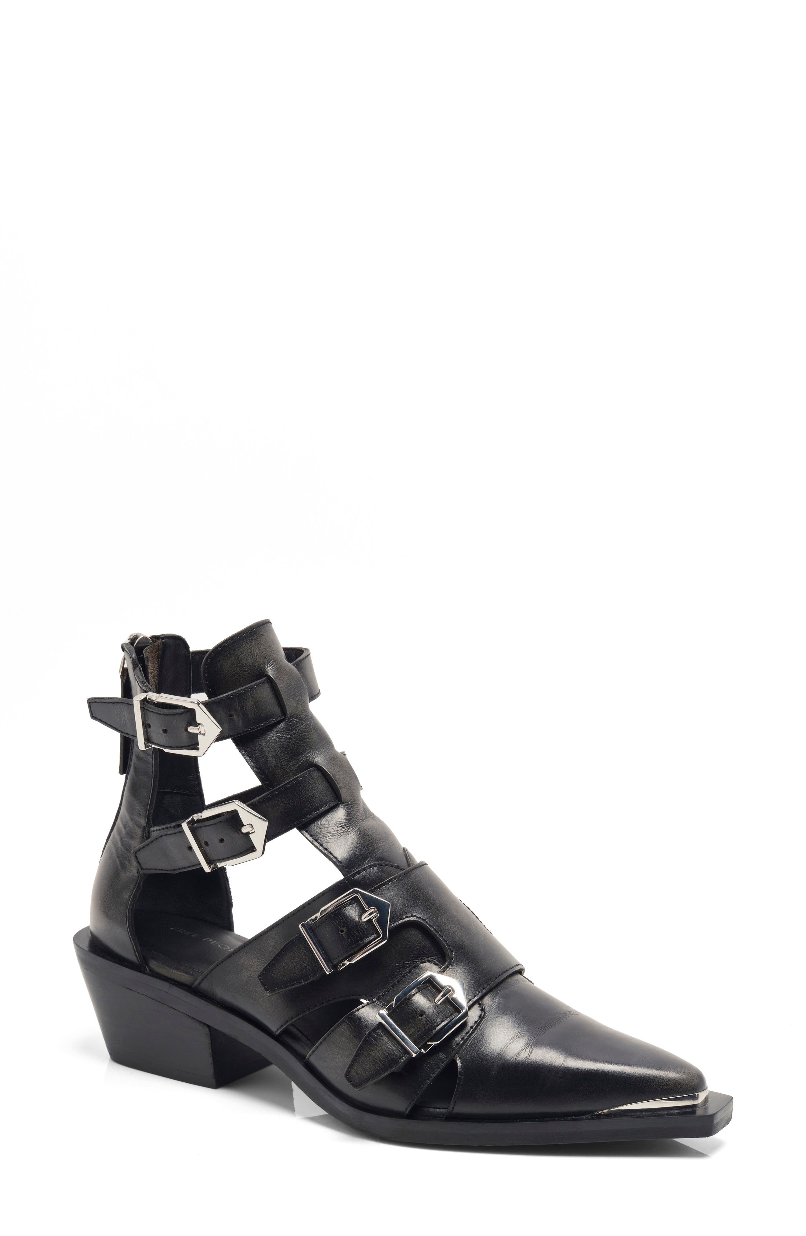 Free People Helen Buckle Strap Bootie, Main, color, Black Leather