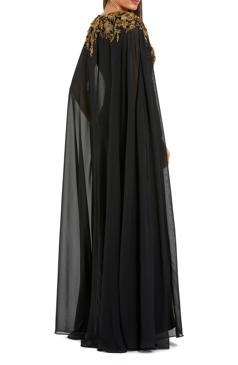Mac Duggal Embellished Crepe Gown With Chiffon Cape Sleeves, Alternate, color, Black Gold