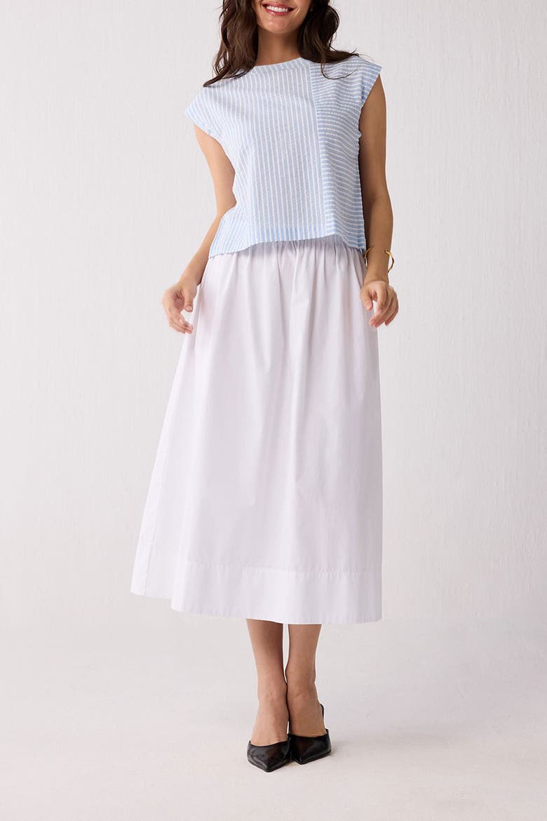 Button-Back Crew Neck Top in Blue Stripes, Main, color, Cloudline