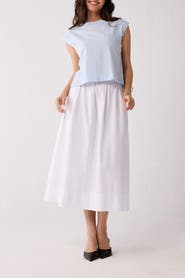 Reistor Button-Back Crew Neck Top in Blue Stripes