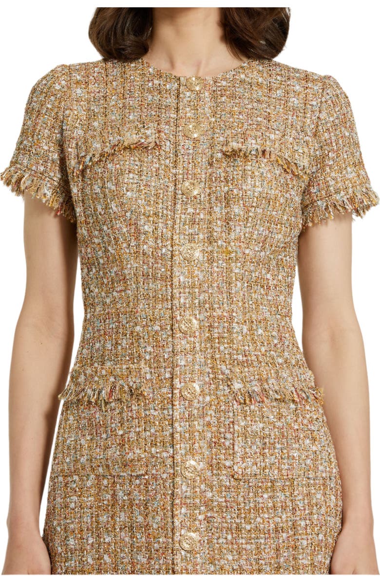 Mac Duggal Boucle Short Sleeve Button Down Mini Dress With Pockets, Alternate, color, Latte Multi
