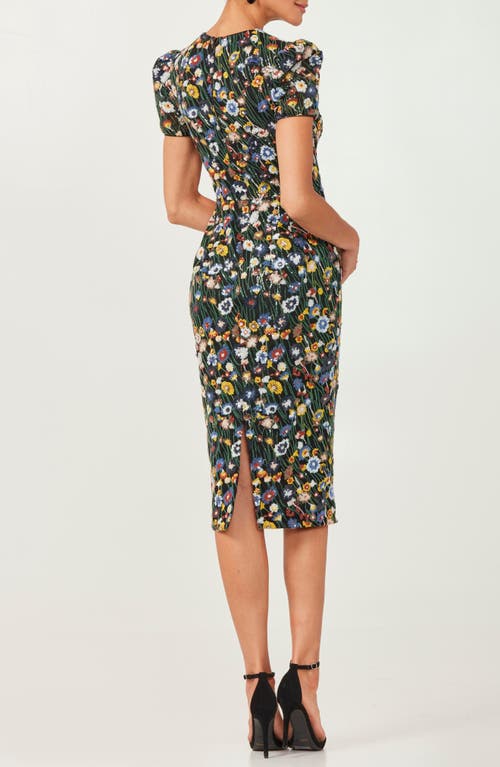 Helsi Piper Short-sleeve Embroidered Floral Sequin Midi Dress In Black/yellow Floral