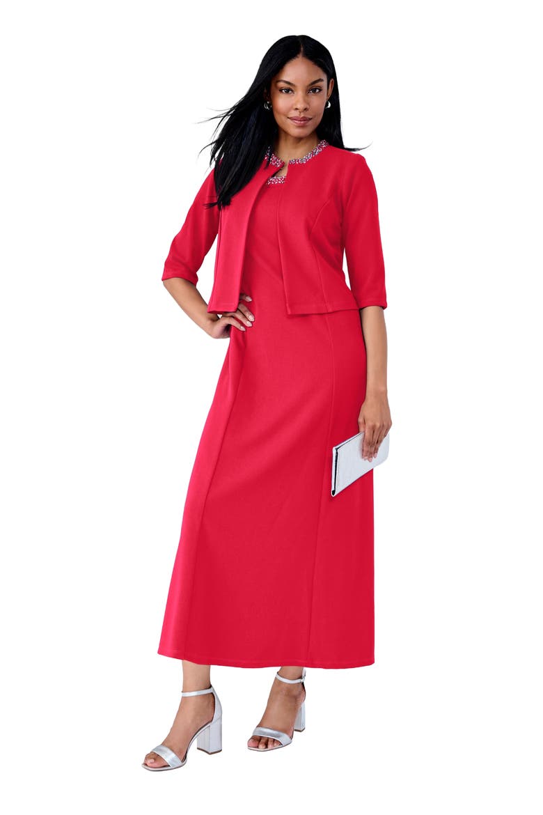 2-Piece Beaded Jacket Dress, Main, color, VIVID RED BEADED NECK