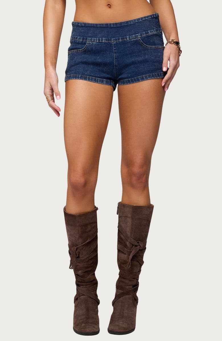 EDIKTED Zaida Stretchy Denim Micro Shorts, Main, color, Blue