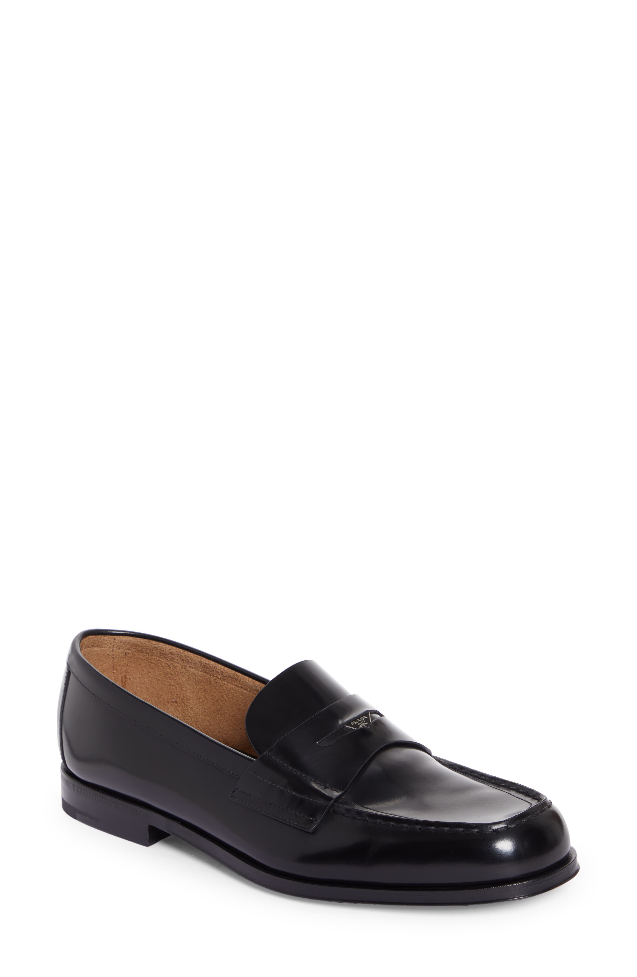 Prada Triangle Logo Penny Loafer, Main, color, Nero