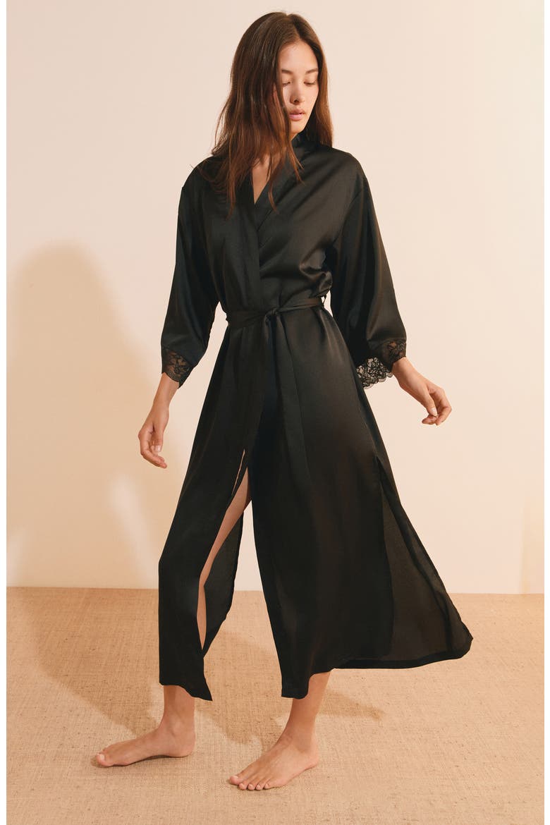 Desire Satin Long Robe, Alternate, color, BLACK