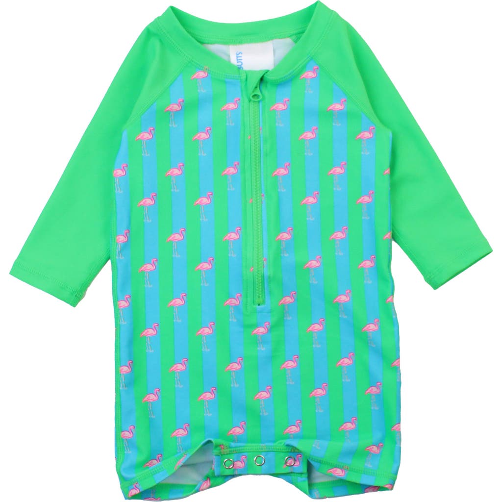Ruggedbutts Boys Long Sleeve One Piece Rash Guard In Neon Flamingo Stripe