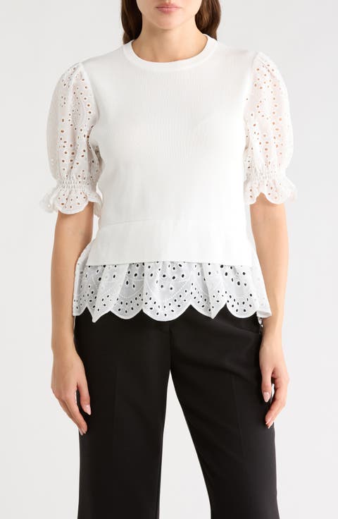 Eyelet Puff Sleeve Twofer Sweater