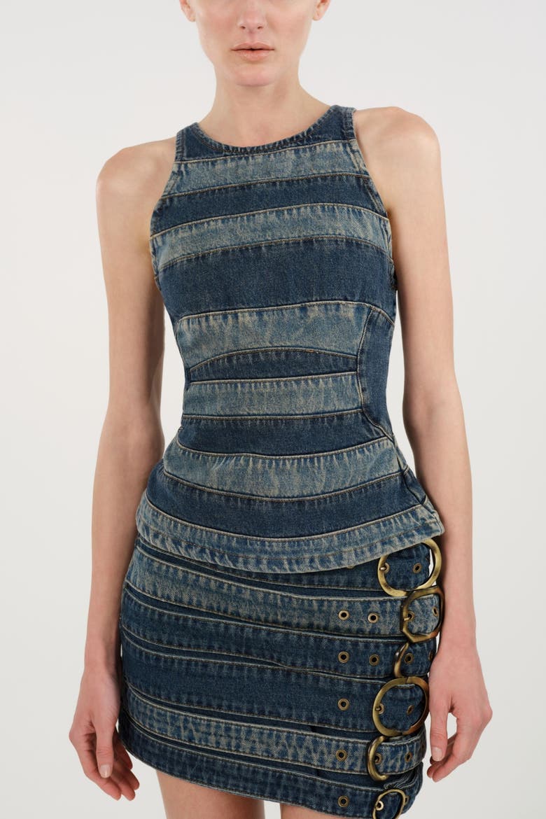 Halter Neck Denim Blouse, Main, color, Indigo Bkue