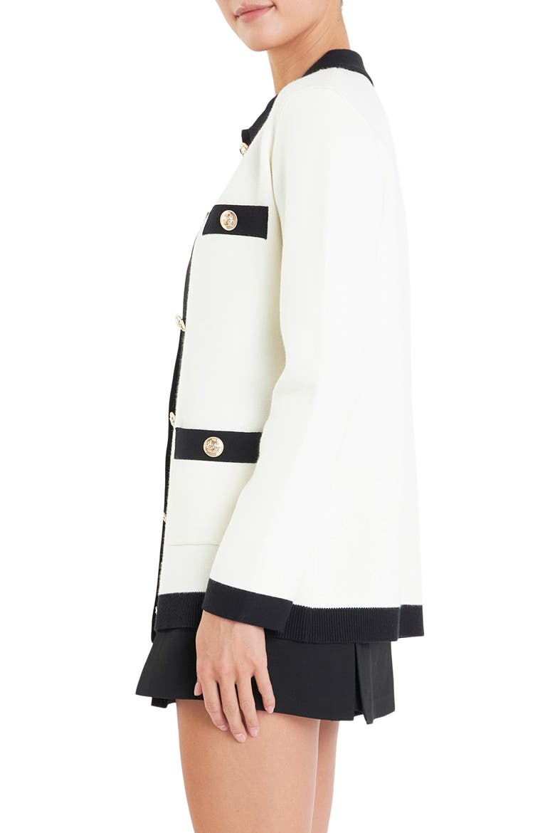 Contrast Edge Collared Cardigan, Alternate, color, WHITE/ BLACK