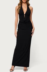 EDIKTED Laretta Cowl Neck Open Back Maxi Dress