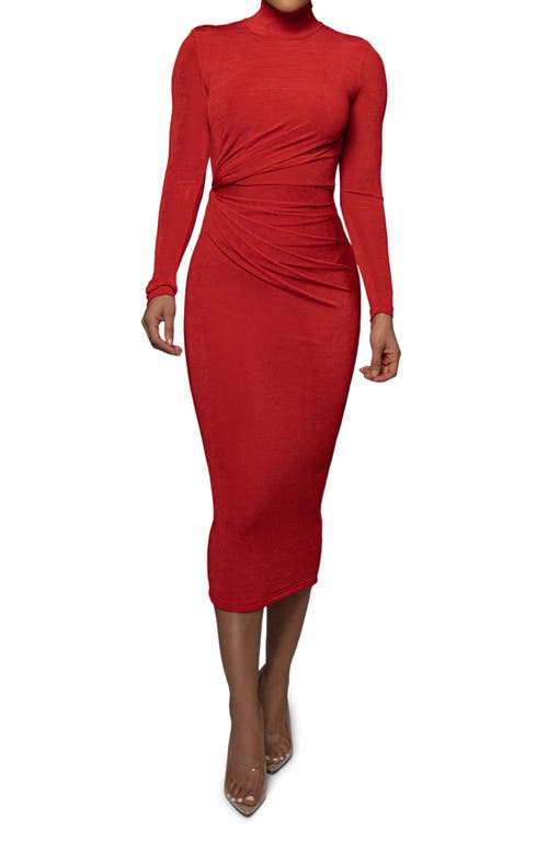 Jluxlabel Kara Long Sleeve Stretch Velvet Midi Cocktail Dress In Red