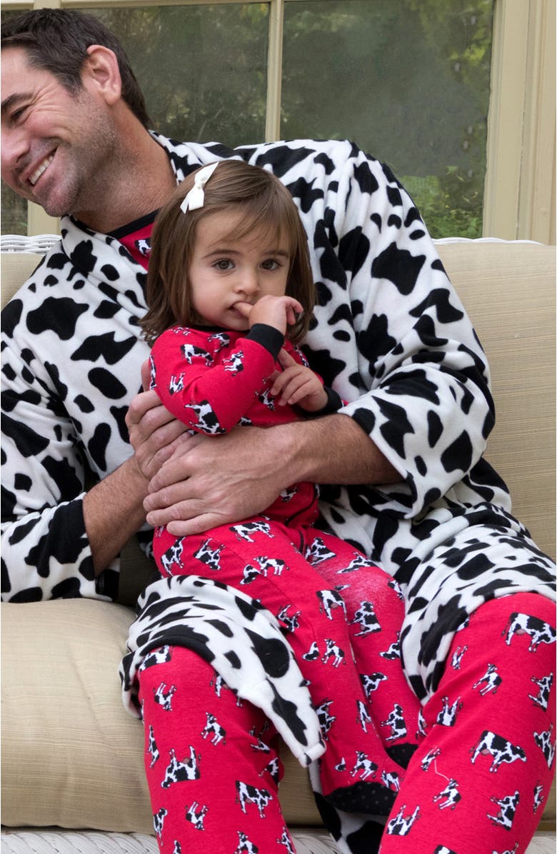 Leveret Footed Printed Cotton Pajamas, Animal, Holiday & Fun Prints, Alternate, color, Cow Red