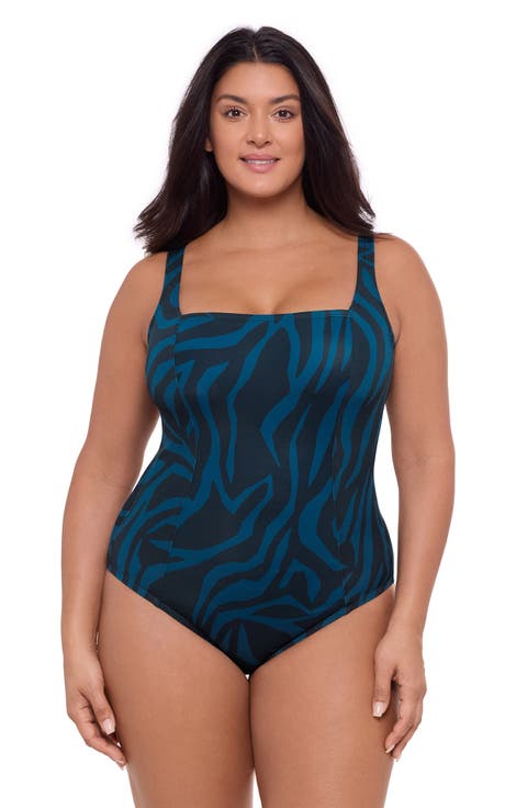 Square Neck Lace-Up Back One Piece Swimsuit