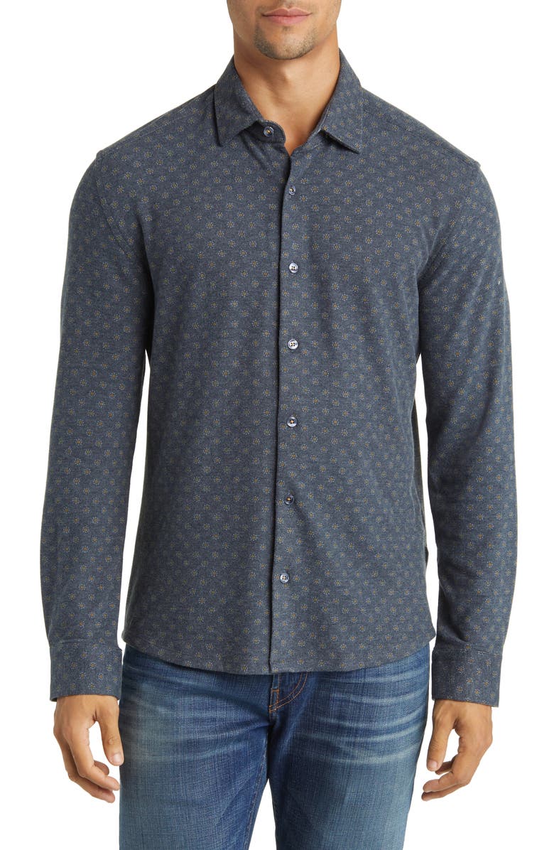 Stone Rose Geo Print Wrinkle Resistant Tech Fleece Button-Up Shirt, Main, color, 