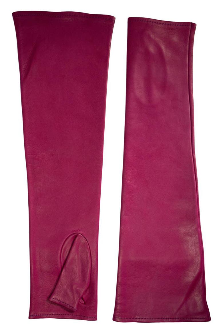 Fergie Long Leather Fingerless Gloves, Main, color, GERANIO