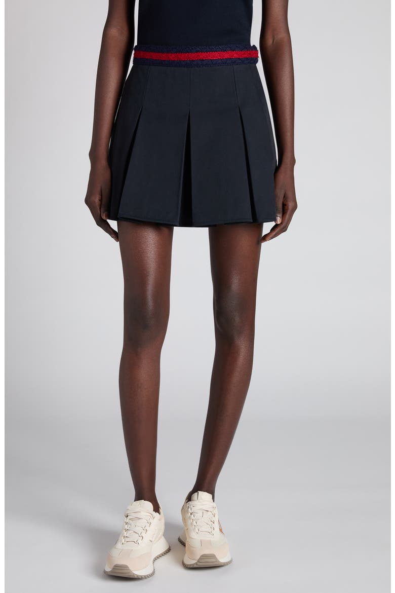 Pleated Cotton Stretch Gabardine Miniskirt, Main, color, DARK NAVY BLUE