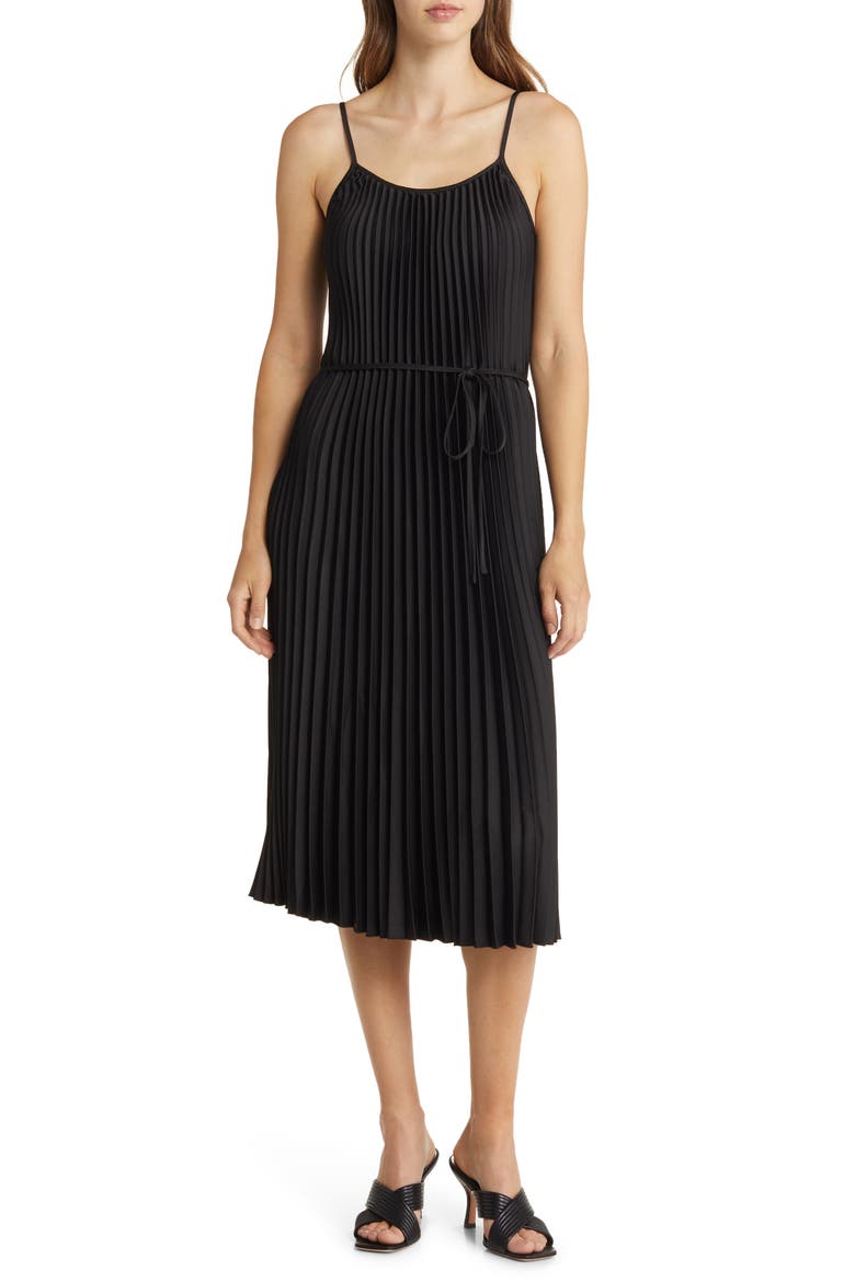 Hammered Satin Plissé Dress, Main, color, BLACK