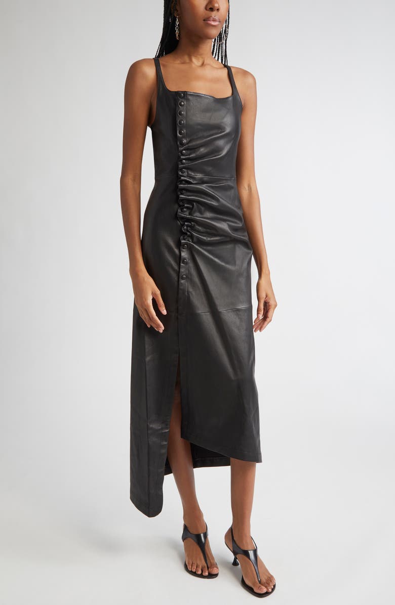 Rabanne Draped Lambskin Leather Midi Dress, Alternate, color, Black