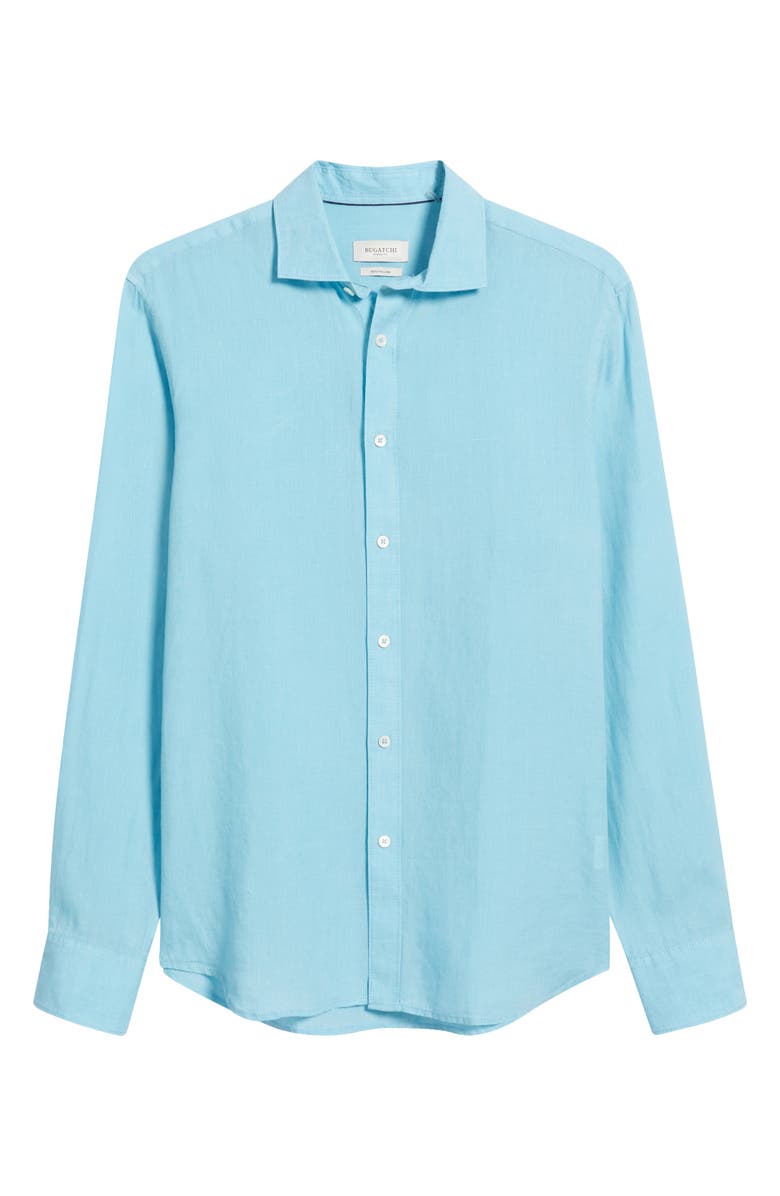 Bugatchi Axel Shaped Fit Linen Button-Up Shirt, Alternate, color, Turquoise