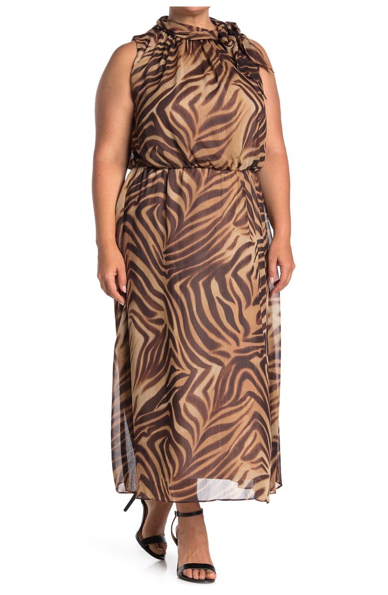 London Times Animal Print Tie Neck Sleeveless Maxi Dress, Alternate, color,