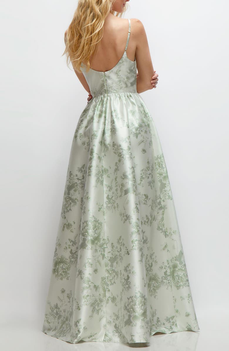 Dessy Collection Floral Sleeveless Satin Ballgown, Alternate, color, Sage Cottage Rose
