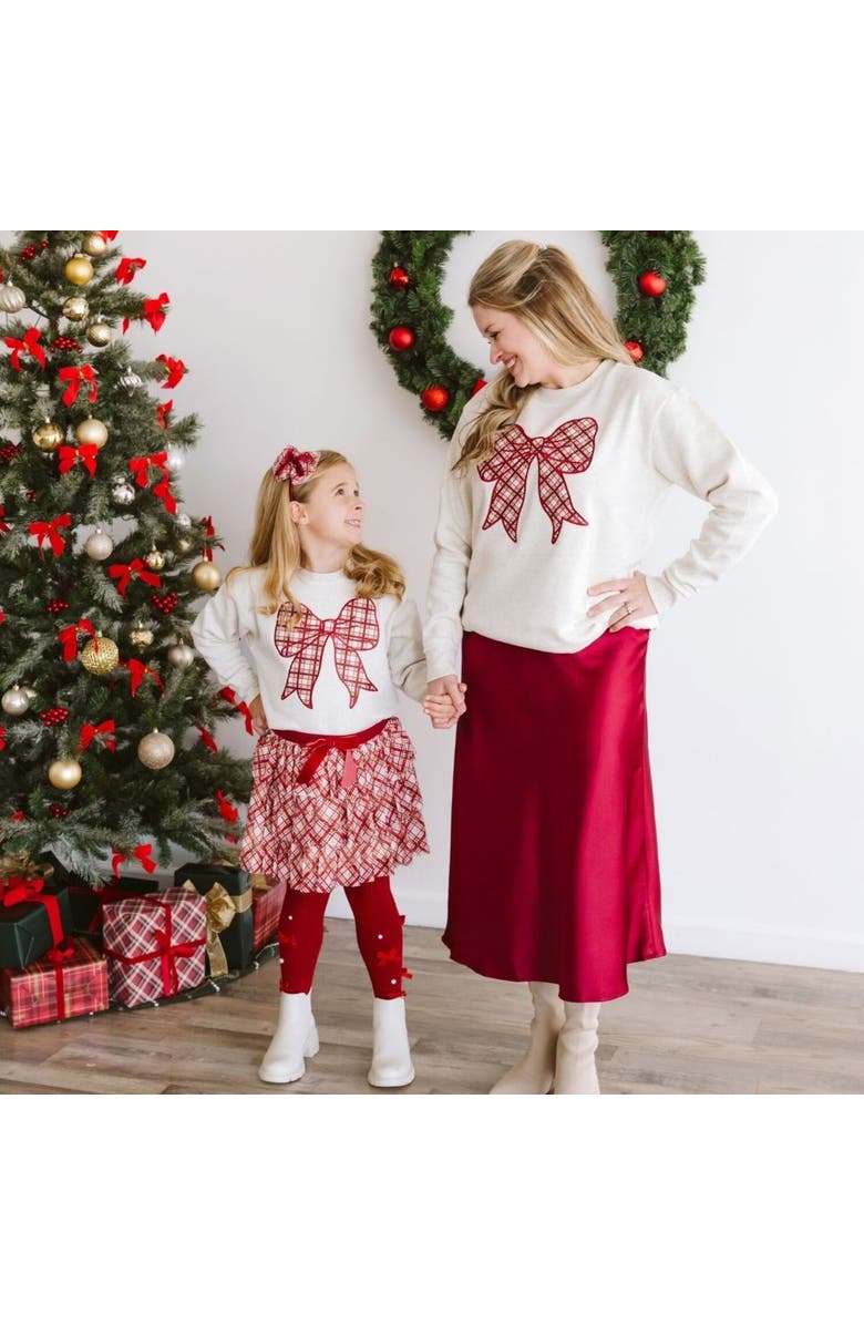 Sweet Wink Christmas Plaid Bow Patch Sweatshirt, Alternate, color, Natural