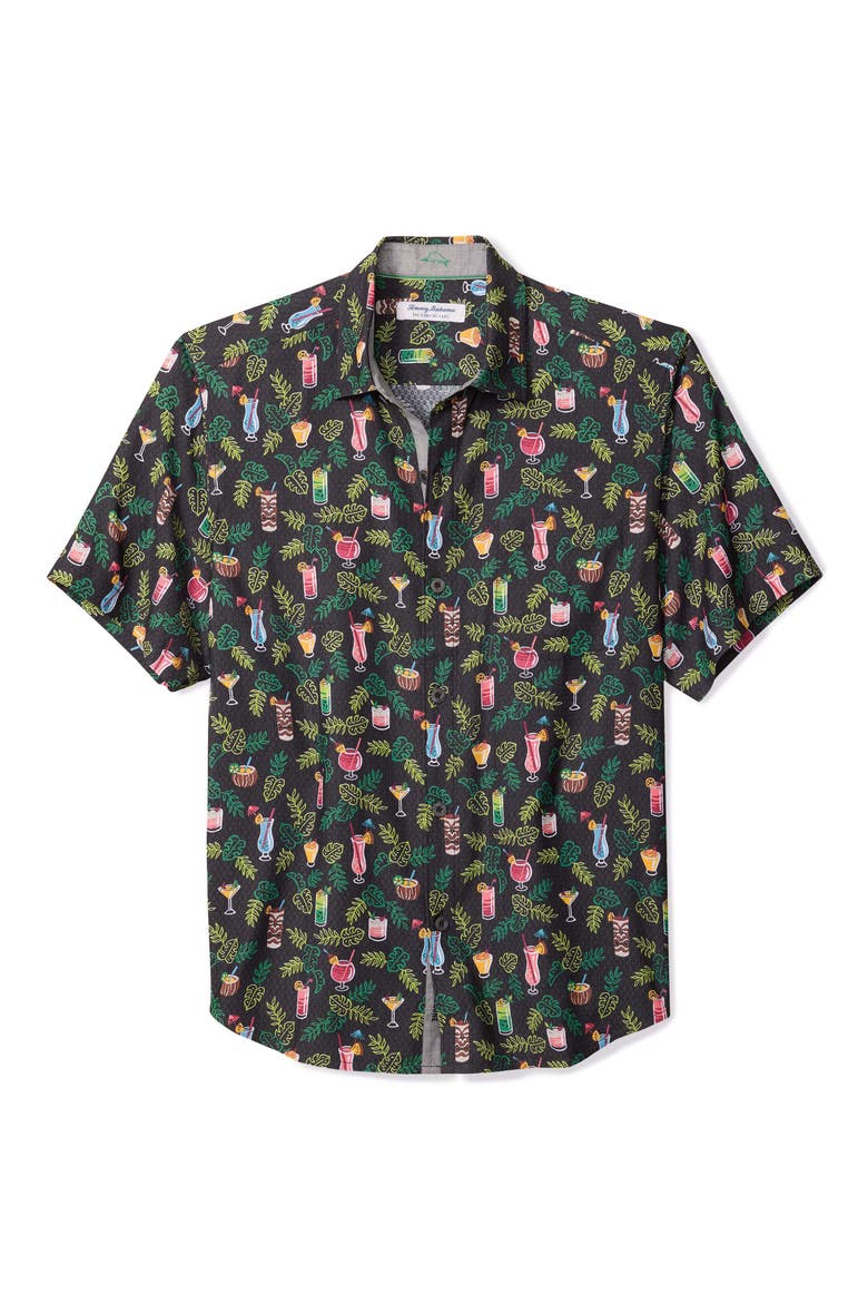 Coastal Ease Midnight Mojito Cocktail Print IslandZone® Short Sleeve Button-Up Shirt, Main, color, MATTE BLACK