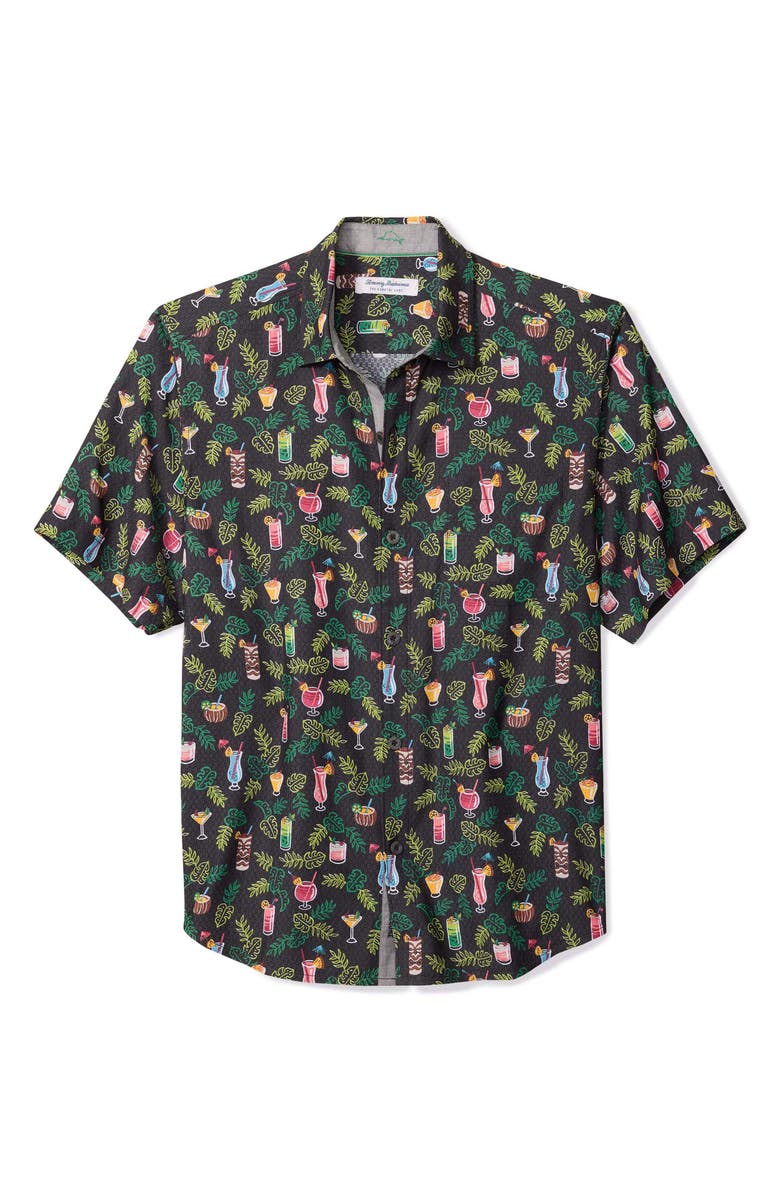 Tommy Bahama Coastal Ease Midnight Mojito Cocktail Print IslandZone<sup>®</sup> Short Sleeve Button-Up Shirt, Main, color, Matte Black