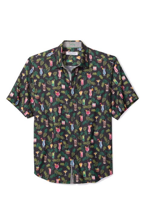 Coastal Ease Midnight Mojito Cocktail Print IslandZone® Short Sleeve Button-Up Shirt (Big & Tall)