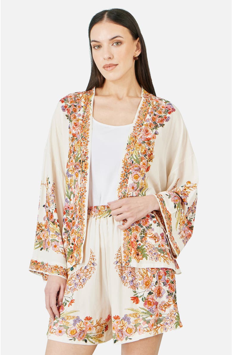 Yumi Viscose Floral Border Belted Cover-Up, Alternate, color, Ivory